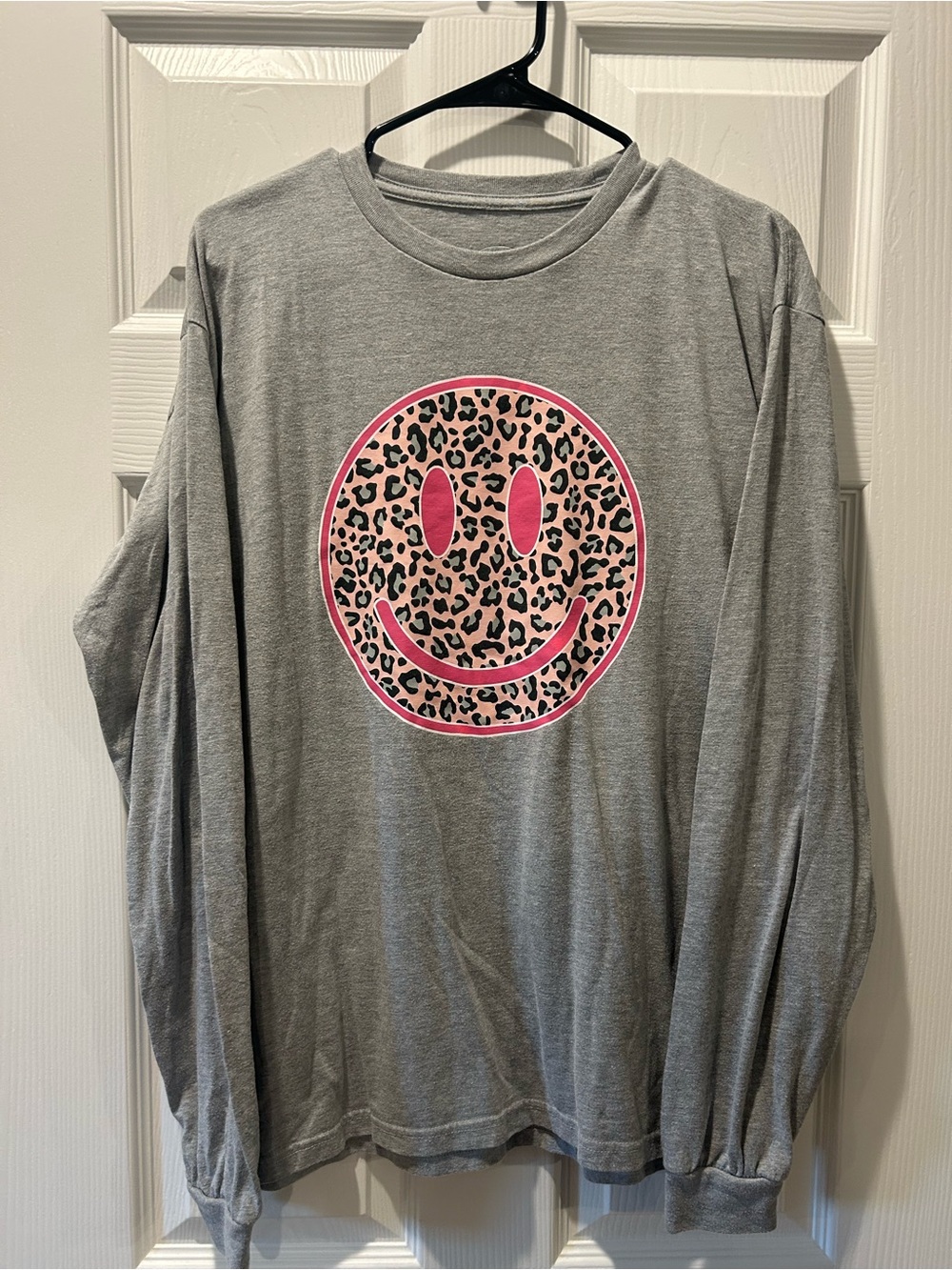 Love & Pineapples Gray Leopard Print Pink Smiley Face Long Sleeve Shirt
